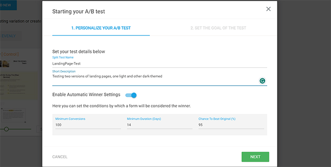 Configurações de teste A/B