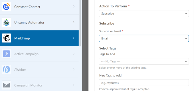 Additional Mailchimp settings in WPForms