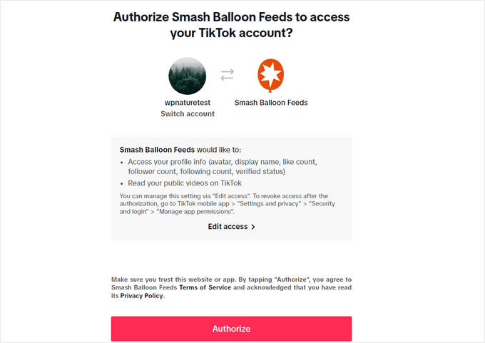 Authorize Smash Balloon to connect to your TikTok account