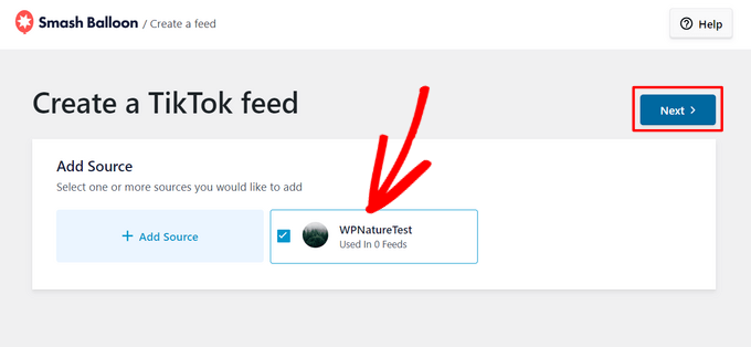 Select TikTok account to create feed