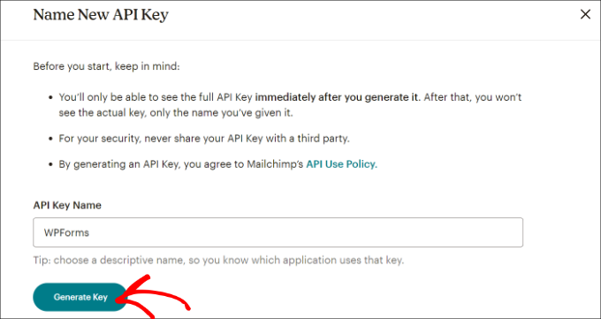Enter a name for API key