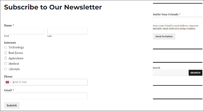 Mailchimp subscribe form with custom fields preview