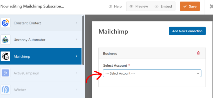 选择您的 Mailchimp 帐户