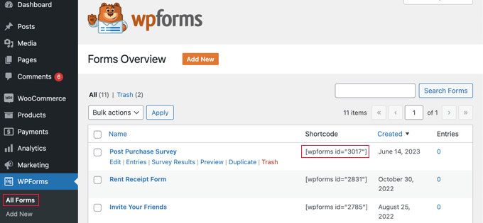 Finding the Survey Shortcode in WPForms