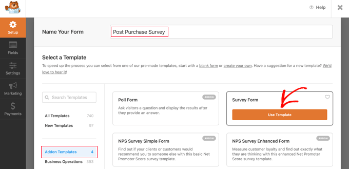 Select the Survey Form Template in WPForms