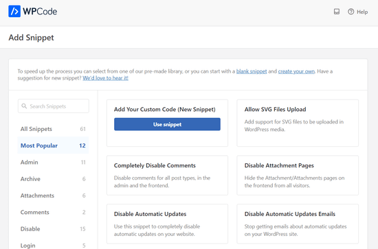 Add custom code snippets in WPCode