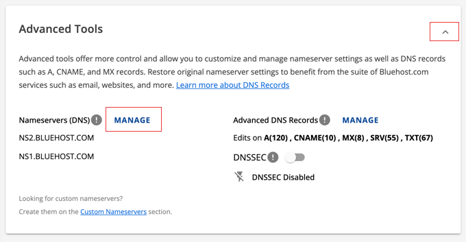 Click the 'Manage' Button Next to Your Bluehost Nameservers
