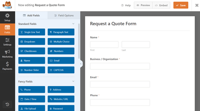 Request a Quote Form example