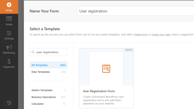 Select user registration form template in wpforms