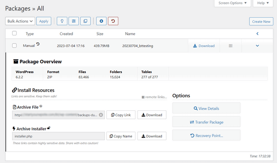 Create recovery points in Duplicator