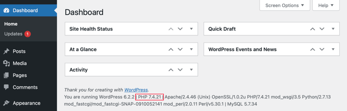 PHP version in WordPress admin dashboard