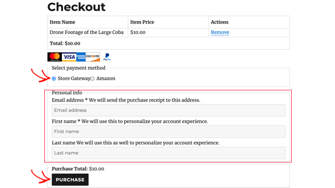 选择 Store Gateway 然后单击结帐页面上的购买按钮