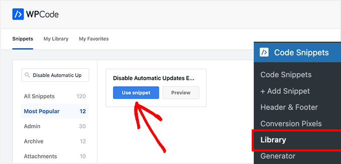 Search for the Disable Automatic Updates Emails snippet in WPCode