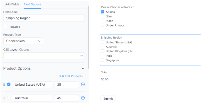 Add shipping regions to form