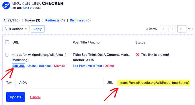 Fixing broken URLs in WordPress using AIOSEO
