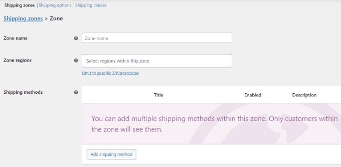 Enter shipping zone details