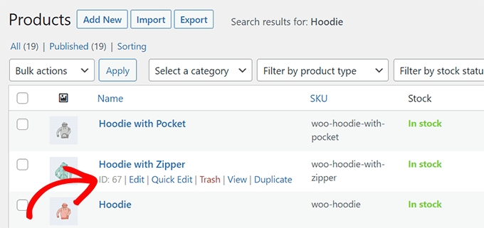 Search for a product to view its ID