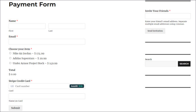 Stripe payment form preview