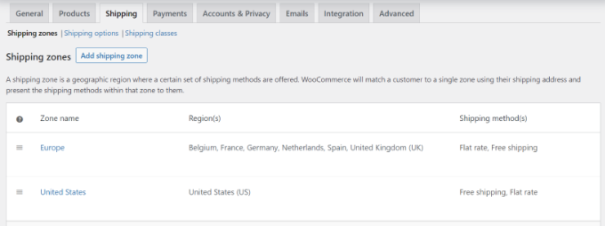 View shipping zone details