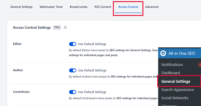 The Access Control settings in AIOSEO