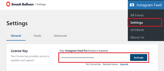Activate the Instagram Feed Pro plugin license key