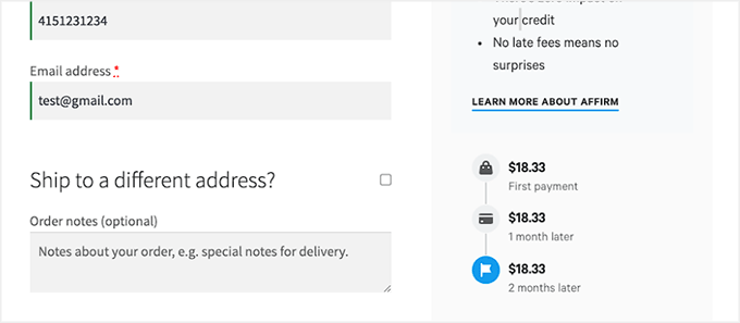 Affirm installment plan details shown on checkout page Affirm installment plan details shown on checkout page