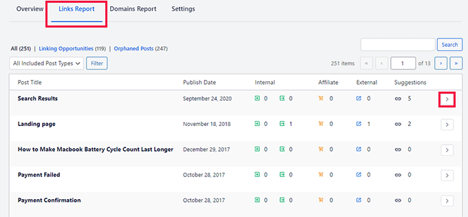 AIOSEO's link report feature