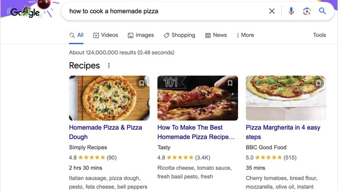 An example of recipe schema, in the Google search engine results