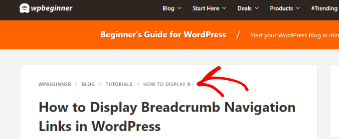 An example of breadcrumb navigation on a WordPress blog or website