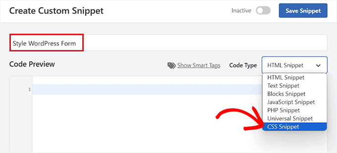 Choose CSS snippet option from the dropdown menu