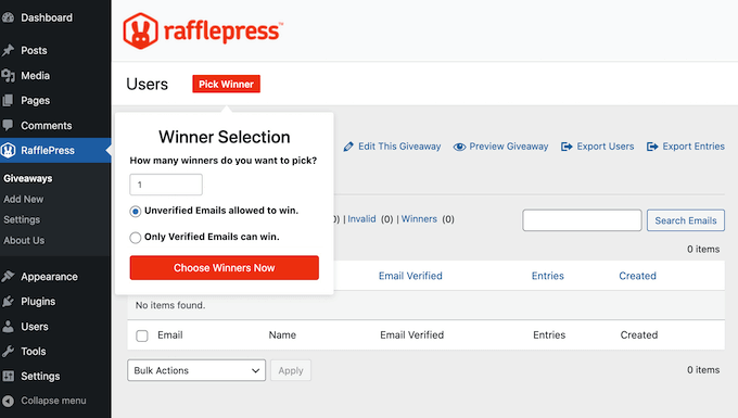 Choosing a winner from verified email addresses