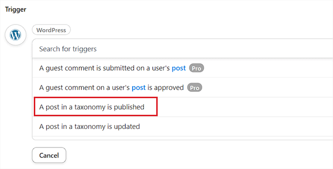 Choose a WordPress trigger