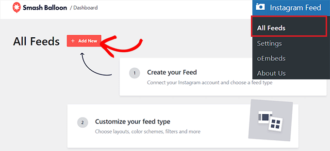 Click the Add New button to start creating your Instagram feed