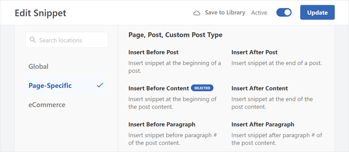 The WPCode insert locations for blog post content
