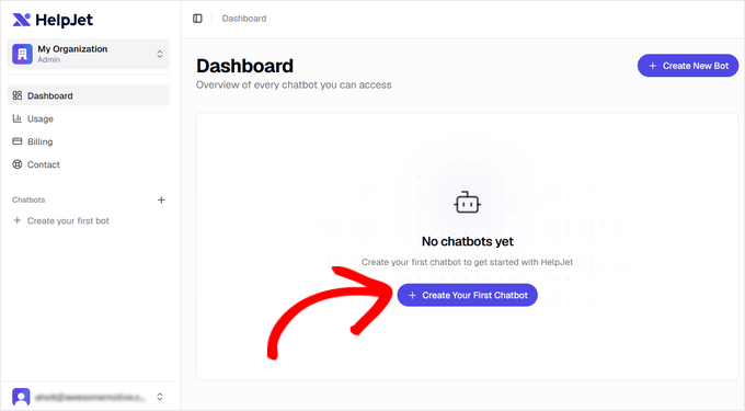 Faceți clic pe butonul „Creați primul dvs. chatbot” din tabloul de bord HelpJet Faceți clic pe butonul „Creați primul dvs. chatbot” din tabloul de bord HelpJet