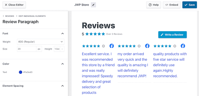 Changing the font colors in a review feed using Smash Balloon