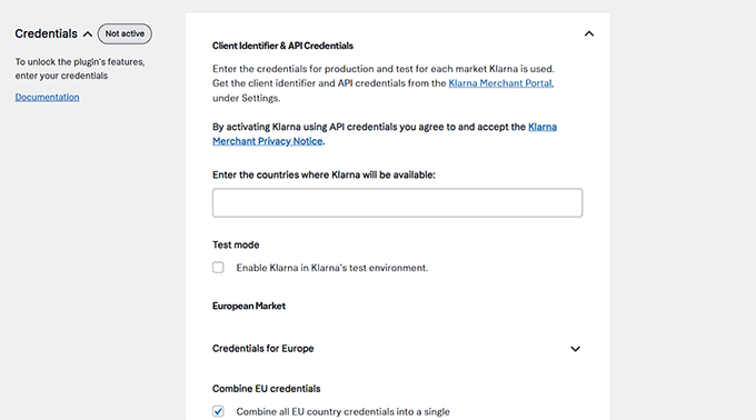 Enable Klarna by adding credentials Enable Klarna by adding credentials