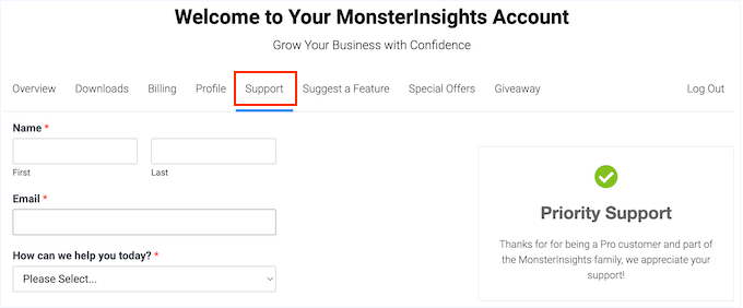 Submitting a ticket in the MonsterInsights' support portal