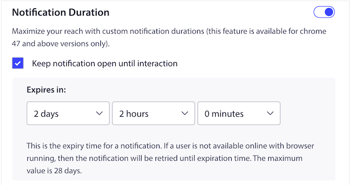 Setting a duration for offline notifications 