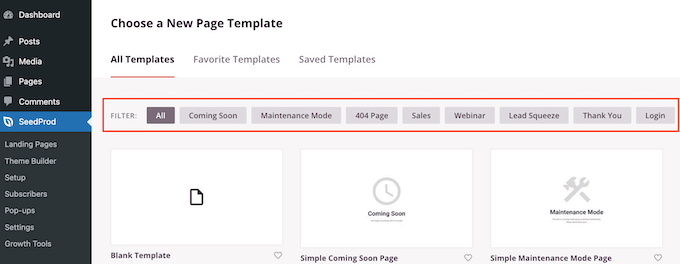 SeedProd's template categories