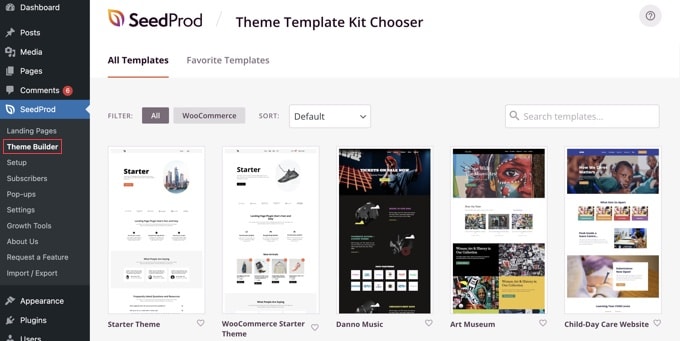 Choosing a website kit using the SeedProd page builder plugin
