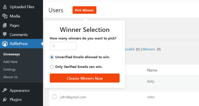 Choosing a winner for an online giveaway