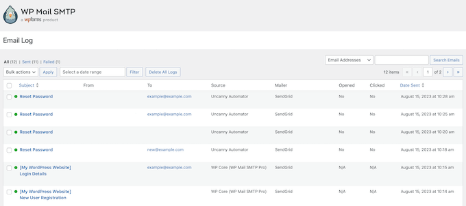 A WordPress email log