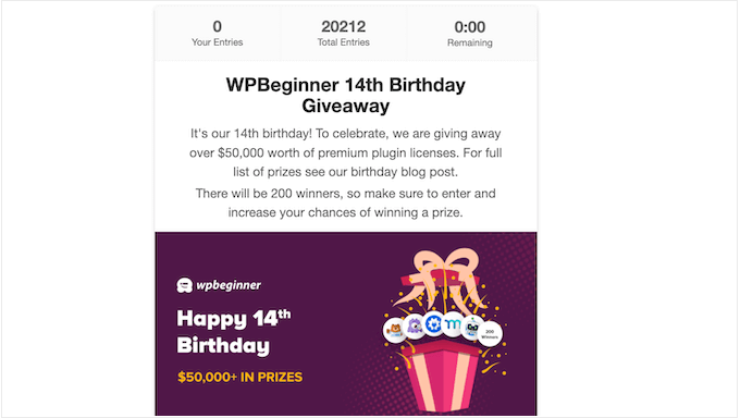 A WPBeginner giveaway, created using RafflePress