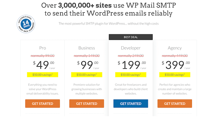 WP Mail SMTP's pricing plan page