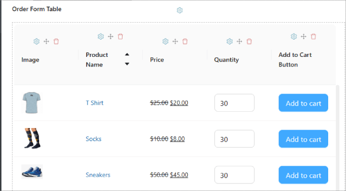 Order form table 