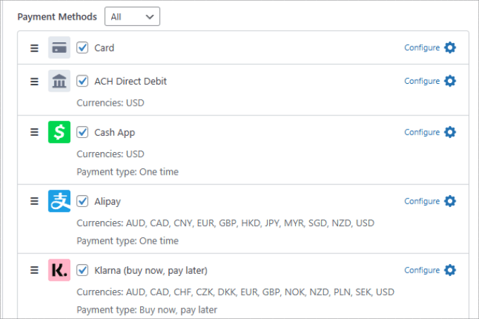 Payment methods in WP Simple Pay