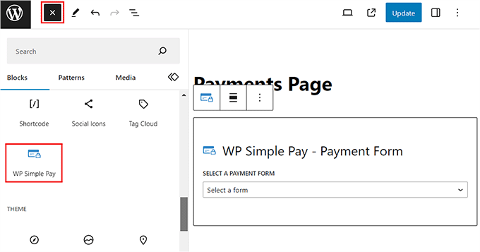 Add the WP Simple Pay block to the page or post