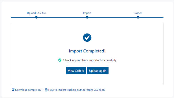 The Import Completed message by the Advanced Shipment Tracking plugin