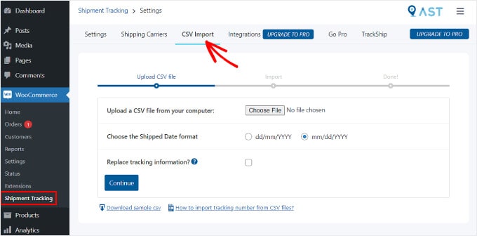 Navigating to the CSV Import tab on the Advanced Shipment Tracking plugin page